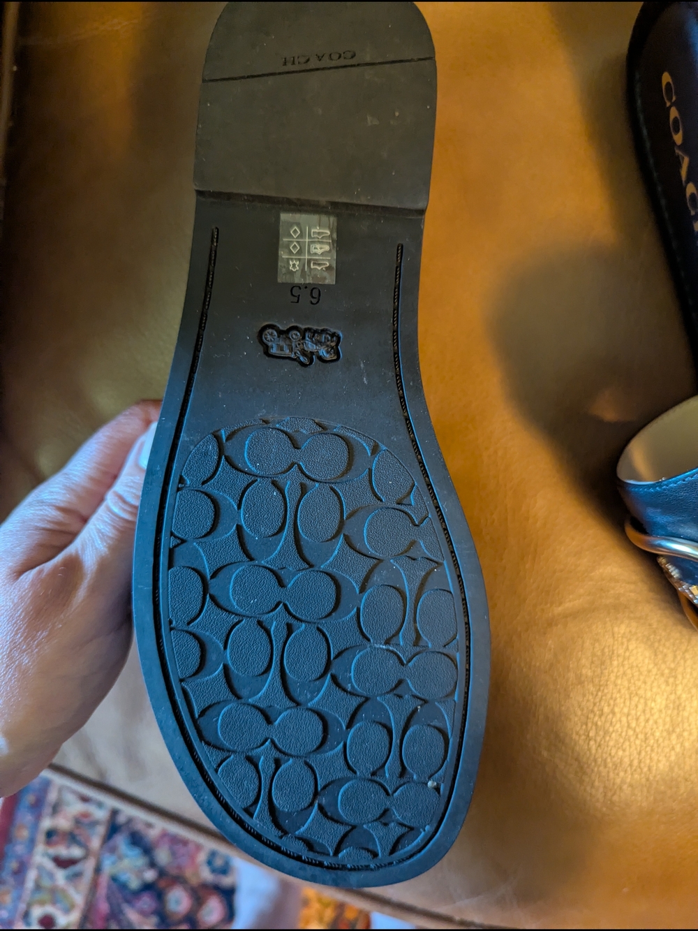 COACH Black Leather Slide Sandals with Gold Logo - Picture 7 of 8